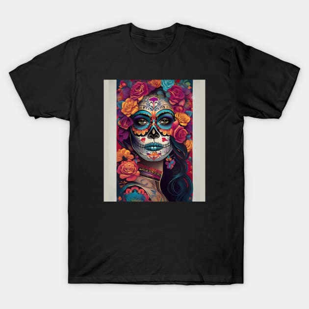 Expressive Sugar Skull Art: Woman in Festive Skull Makeup T-Shirt by ImaginativeInkPOD